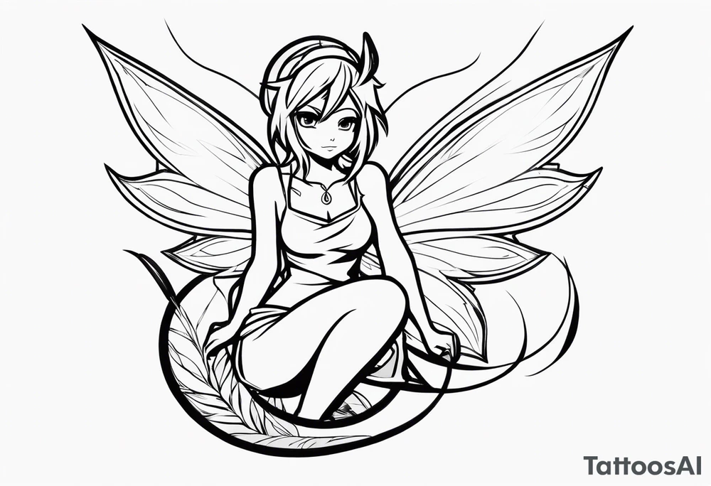 No color sketch of a fairy with a tail inspired by the guild symbol in the anime show called Fairy Tail in a fetal position leaning in and forward while crawled in tattoo idea