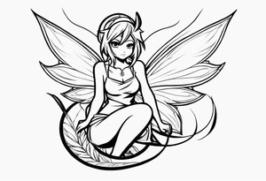 No color sketch of a fairy with a tail inspired by the guild symbol in the anime show called Fairy Tail in a fetal position leaning in and forward while crawled in tattoo idea
