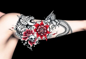 Dragon flying up on right side, tiger with skulls crawling down on left, centered kanji tattoo (red), big red spider lilies in background, smoke/cloud effects. Outer forearm sleeve tattoo idea