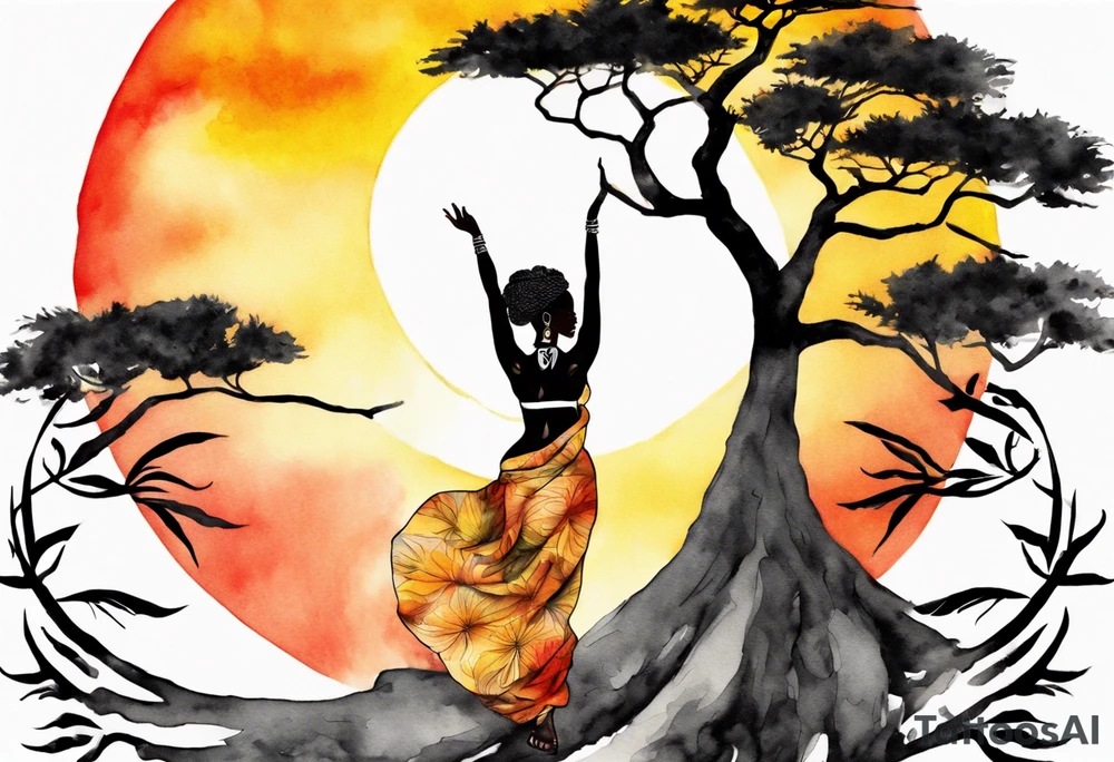 a tree woman reaching towards a blazing sun in the sky, african woman tattoo idea