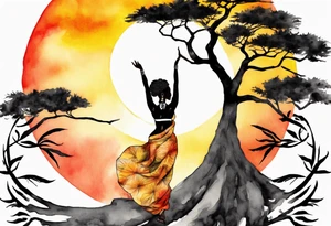 a tree woman reaching towards a blazing sun in the sky, african woman tattoo idea
