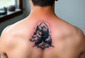 powerful ocean and forrest with rainy louds with lighting tattoo idea