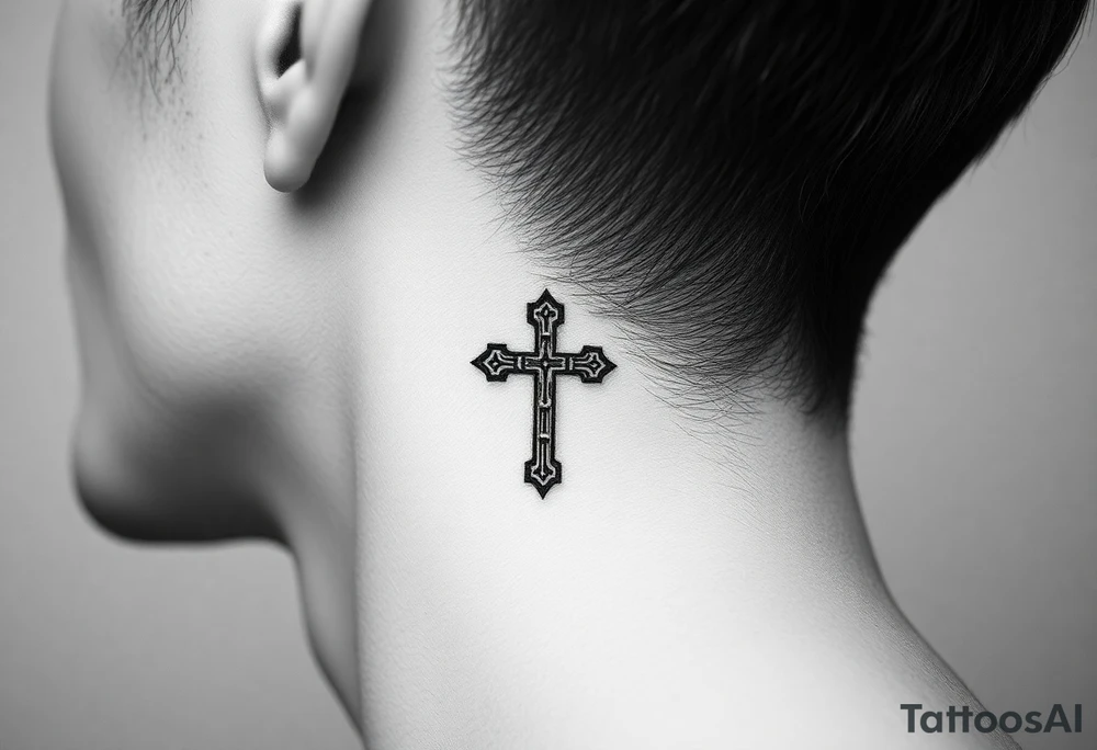 orthodox christian cross relatively small on side of left neck tattoo idea