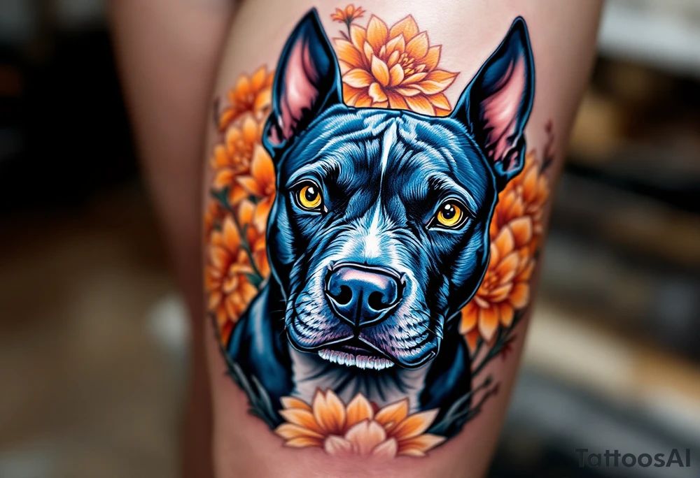 Neo-Traditional Staffordshire Bull Terrier – Bold and colorful with exaggerated features: blue-gray coat, golden eyes, and a background of stylized orange chrysanthemums. tattoo idea