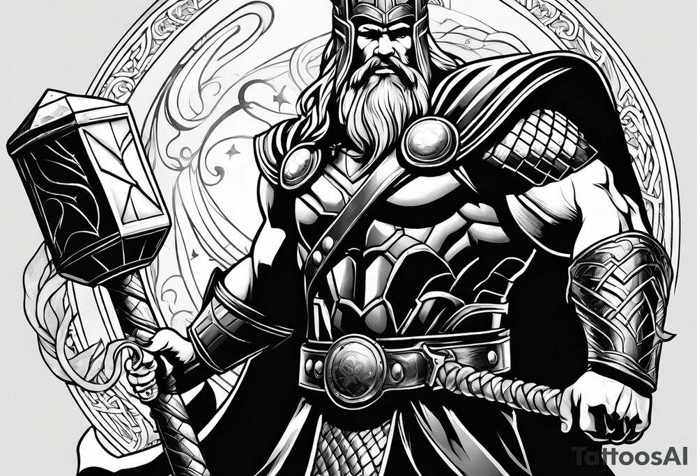 Thor mit Hammer on der Hand und kämpft gegen eine riesen Schlange tattoo idea