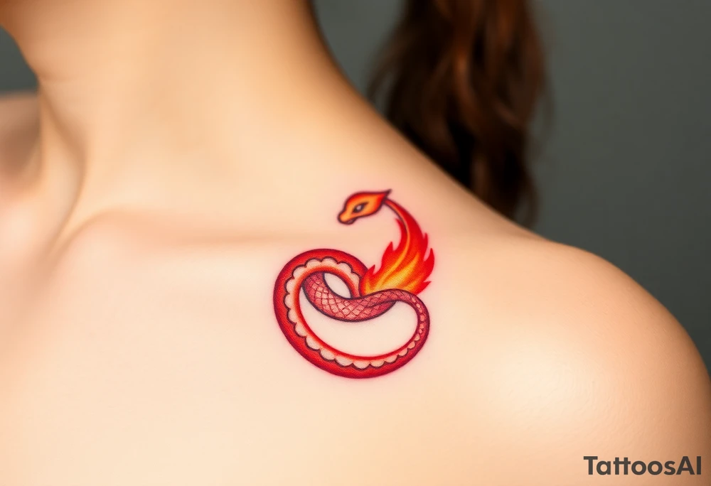 A fiery red and orange Ouroboros snake in cyrcle, with flickering flames engulfing the tail, representing passion and rebirth. tattoo idea