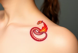 A fiery red and orange Ouroboros snake in cyrcle, with flickering flames engulfing the tail, representing passion and rebirth. tattoo idea