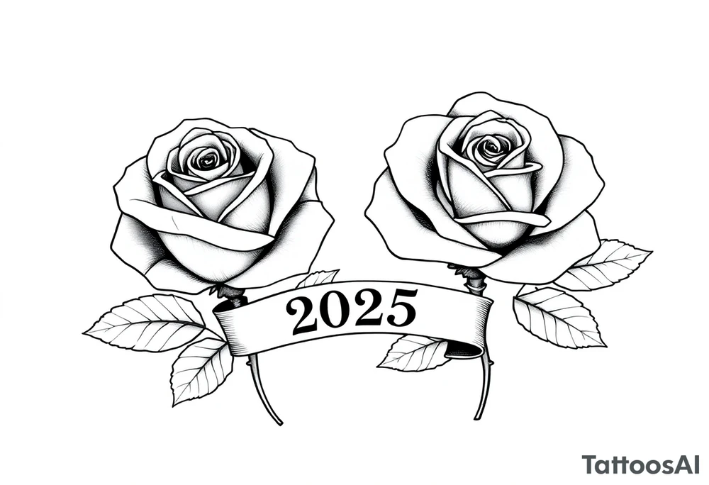two beautiful large rose buds, one larger than the other, with lots and lots of leaves next to the rose buds, with one sitting slightly higher than the other, side-by-side.  Include a banner connecting the two roses with the year 2025 on it.   Use dark outlines with little shading. No stems tattoo idea