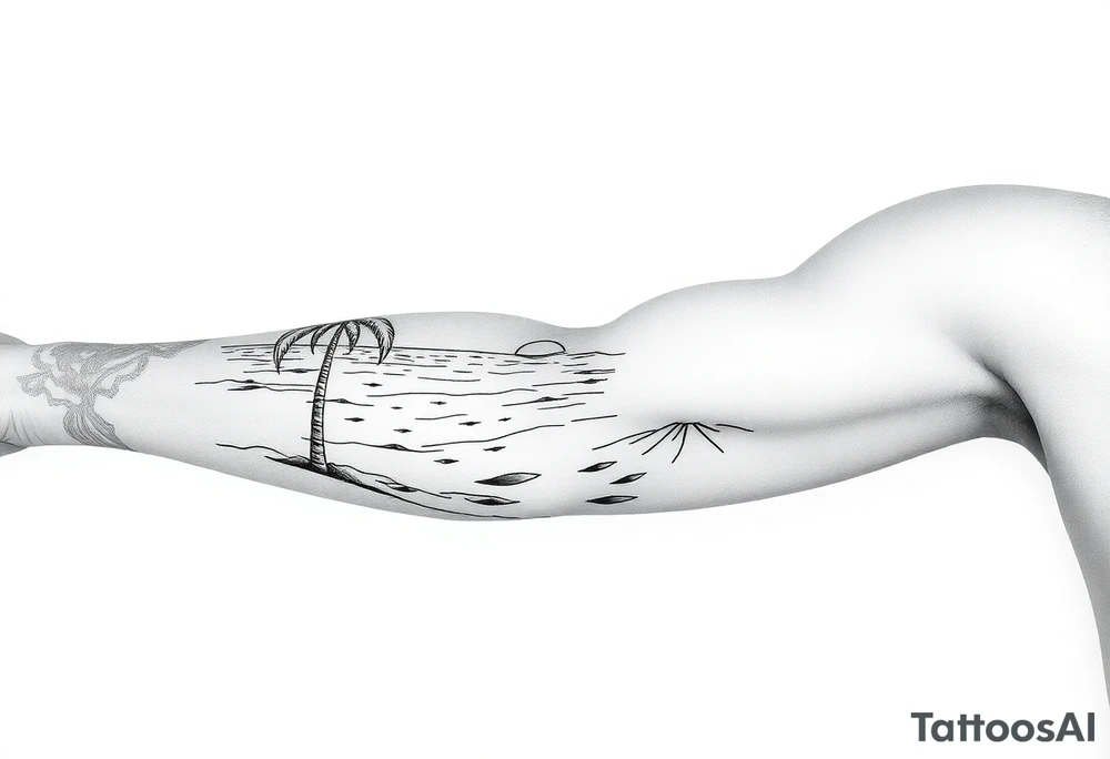 fine line, peaceful, serene, timeless, ocean, sand, palm tree, sun tattoo idea