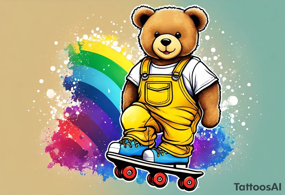 A light brown teddy bear in yellow overalls and rainbow colored roller skates tattoo idea