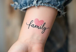 The word family in flowing black script, wrapped in a soft watercolor heart in shades of blush pink and lilac. tattoo idea
