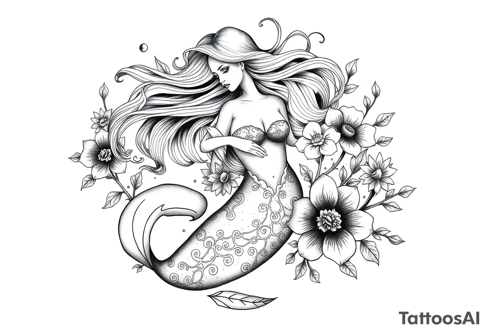 ethereal mermaid with flowing hair among coral and sea flowers tattoo idea
