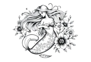 ethereal mermaid with flowing hair among coral and sea flowers tattoo idea