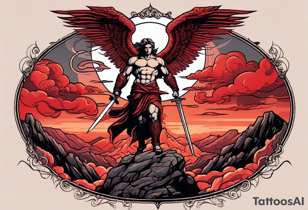 Michael the Archangel standing over satan with sword.  Clouds and lightning in background.  Red lava below satan under a rock tattoo idea