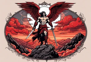 Michael the Archangel standing over satan with sword.  Clouds and lightning in background.  Red lava below satan under a rock tattoo idea