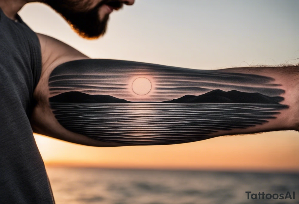 Minimalistic, black and white tattoo on male forearm. From the perspective of being on the ocean, the water is calm, with no waves in sight, the sun is setting behind the ocean, reflecting light onto the water. The tattoo in the shape of a rectangle, 4 inches wide by 2 inches tall. tattoo idea