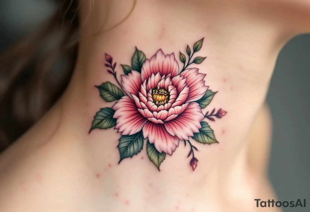 Floral wristband with name "Simon" and numbers 12.2.2022 v 8:08 hidden within petals in dusty rose and olive green. tattoo idea