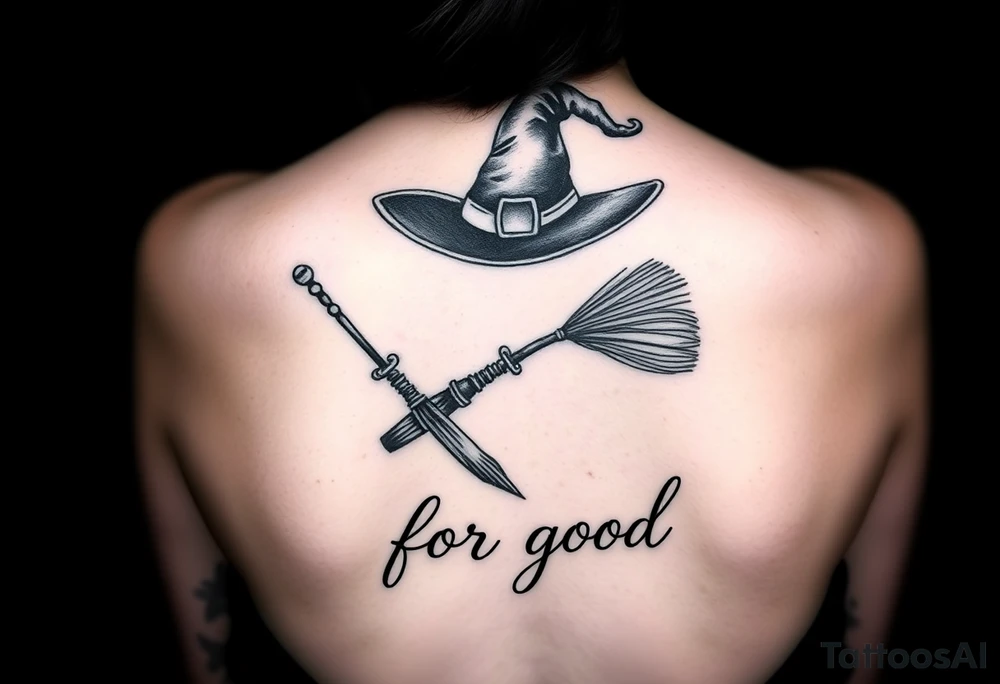 Wicked theme with a wand, broom crossing each other & witch hat. Then the lettering “for good” tattoo idea