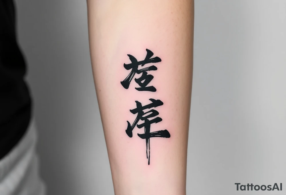 A black and gray tattoo design featuring the Japanese kanji 成長 (growth) and 忍耐 (perseverance), arranged vertically in bold brushstroke ink style. Surround the kanji with subtle martial arts symbolism, like a BJJ belt or grappling figures in motion. Incorporate inspirational energy similar to Kobe Bryant’s Mamba Mentality or Stephen Curry’s faith and discipline, reflected through minimalist elements like a subtle basketball silhouette or flame. The design should feel powerful, clean, and philosophical tattoo idea