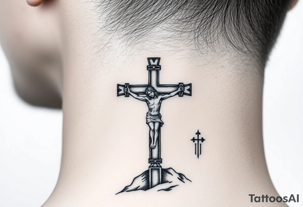 Traditional orthodox ICXC Christian cross with the small horizontal bar at the top with a plaque titulus, the central longest horizontal bar with Jesus Christ on the cross also with the slanted part of the cross where christs feet were nailed in a Russian wilderness Kremlin setting tattoo idea