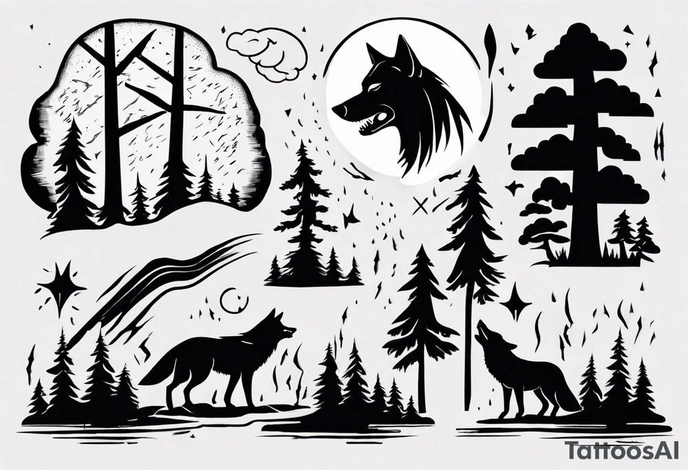 a thunderstorm over a forest and a wolf howling tattoo idea a thunderstorm over a forest and a wolf howling tattoo idea