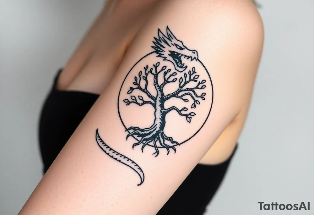 a dragon forming a circle with its body.  the dragon encircles the tree of life.  the dragon is eating the tree. the roots of the tree are strangling the dragon tattoo idea