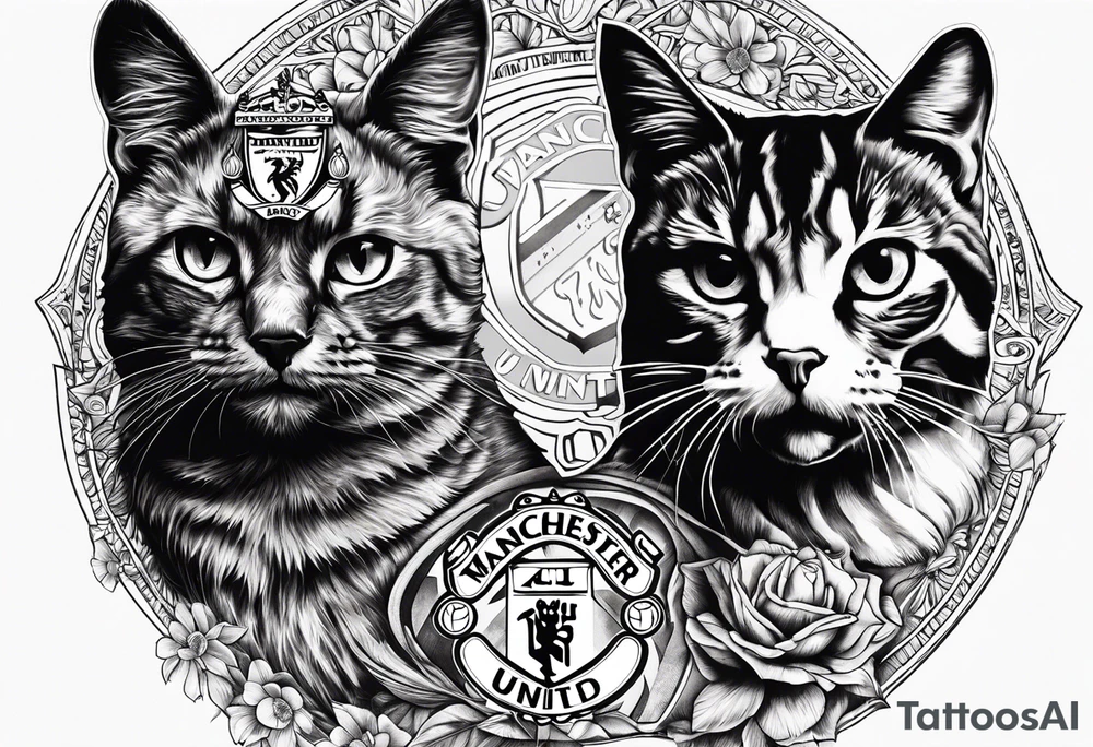 manchester united, two cats, god, EDM. all that combined into one art tattoo idea