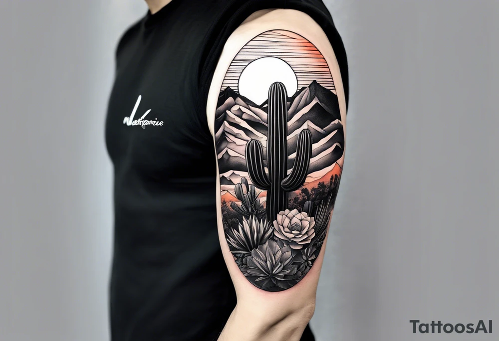 Forearm vertical, cactus, sunset, mountain tattoo idea