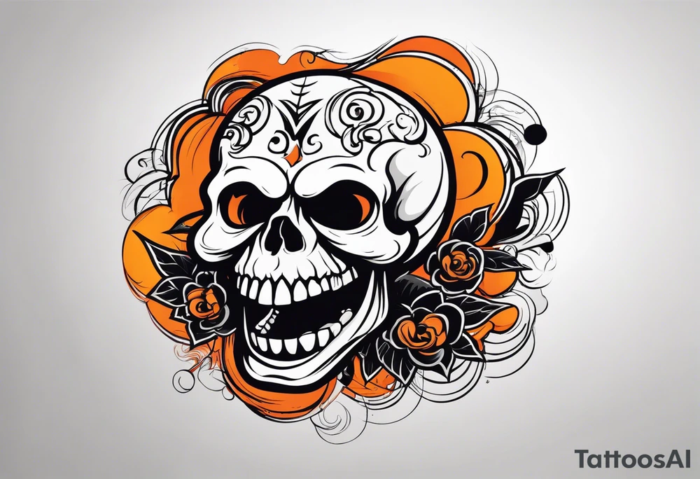 skull laughing black and orange tattoo idea