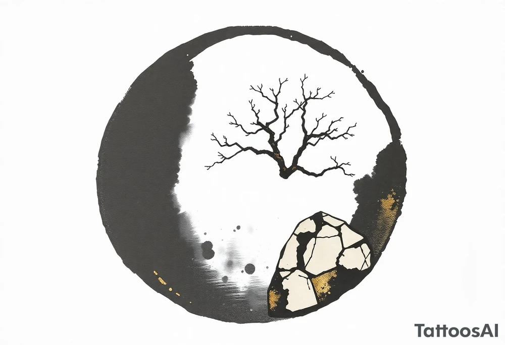 thick Zen ensō circle, drawn with a bold, hand‑painted black ink brushstroke. The circle is imperfect and organic, with visible texture and subtle variation in line thickness. About the last quarter of the circle, near the top‑right, transforms into a cracked ceramic segment that has been repaired using kintsugi: visible broken pieces outlined and joined by thin, flowing gold lines. There should be a couple big pieces of ceramic and no small ones. The circle and the ceramic part should have the same thickness. The gold seams follow the natural fractures of the ceramic section, creating several branching cracks rather than a single line, clearly distinguishing this repaired portion from the rest of the smooth ink circle. The transition from ink to ceramic should feel natural, as if the painted circle solidifies into a fragile object that has been lovingly mended. The ceramic shall seamlessly flow into a rock from which a tree of life sprouts. Design it as a black and gray tattoo with a subtle metallic gold effect on the kintsugi seams, suitable for a medium‑sized placement on the back of the bicep. tattoo idea