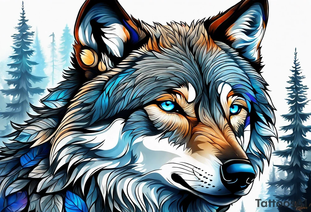 Blue eyed wolf in a forest tattoo idea