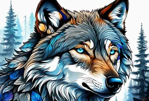 Blue eyed wolf in a forest tattoo idea