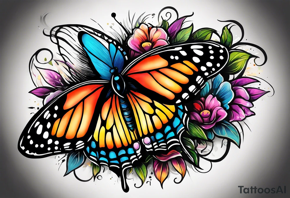 butterfly with one wing black scribbles, the other wing beautiful and colorful, the body has the date 1.9.2023 and the words written "I chose to live." tattoo idea