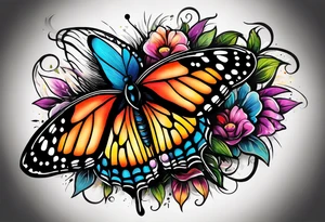 butterfly with one wing black scribbles, the other wing beautiful and colorful, the body has the date 1.9.2023 and the words written "I chose to live." tattoo idea