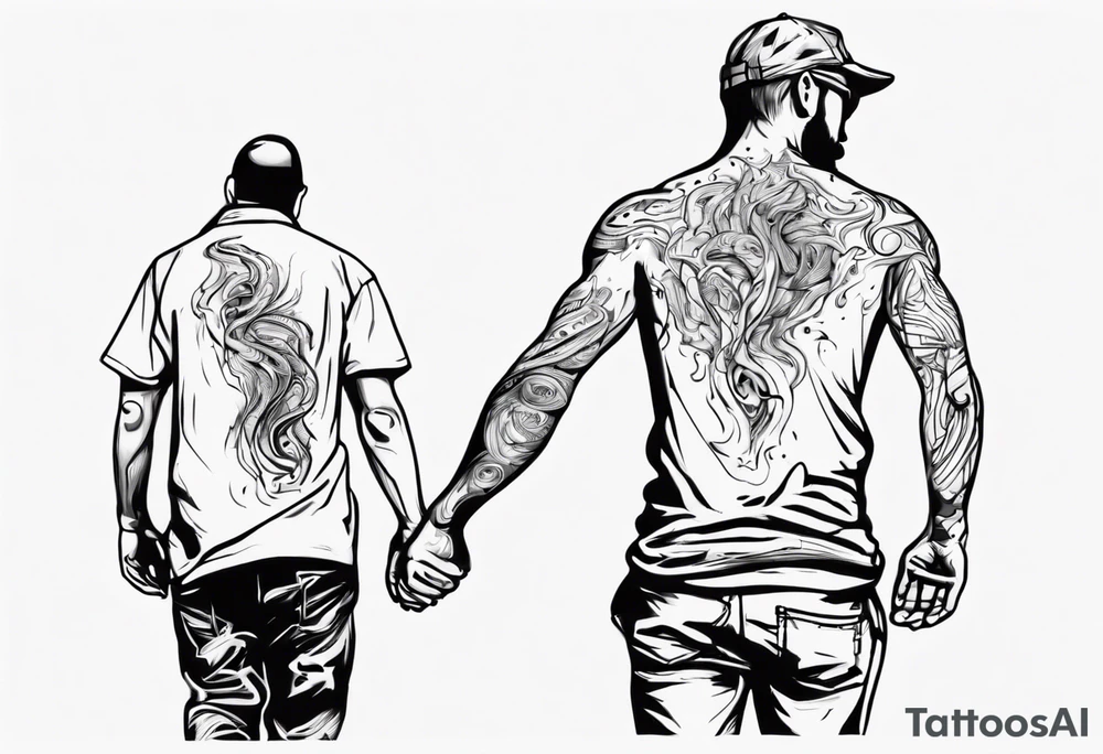 dad and son walks away contour tattoo idea