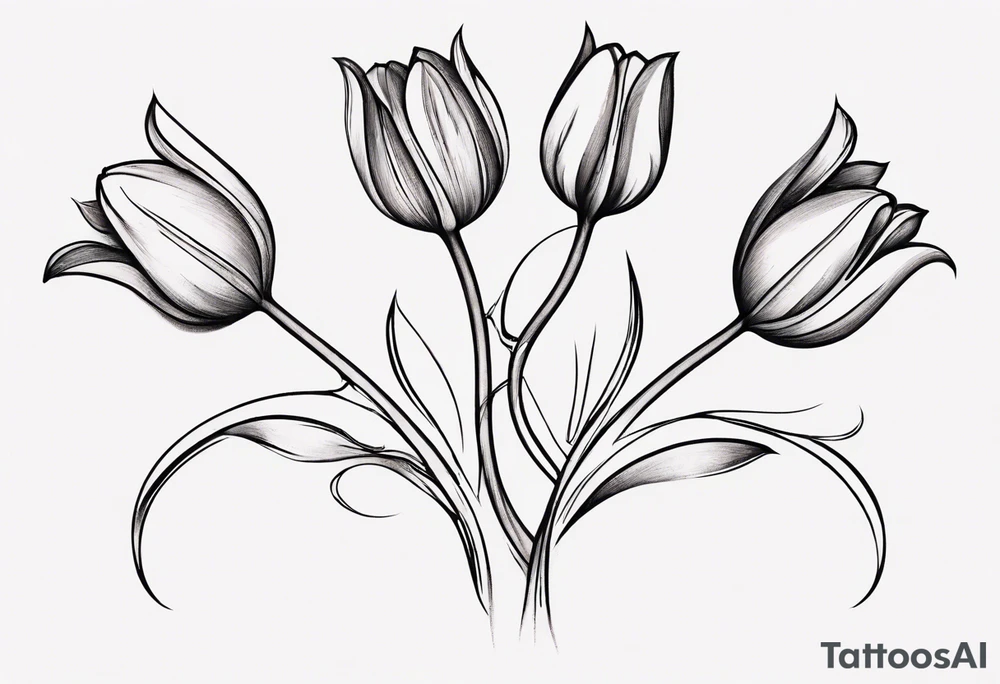 Generate a compelling tattoo design featuring three tulips with intertwining stems. Emphasize the graceful entwining of the stems, creating a harmonious and visually captivating composition. Each tulip should showcase distinct characteristics, from the delicate curves of the petals to the intricate details of the stamen. Consider incorporating elements that symbolize unity, growth, and interconnectedness. Capture the essence of nature's beauty while ensuring the overall design is balanced and aesthetically pleasing. tattoo idea
