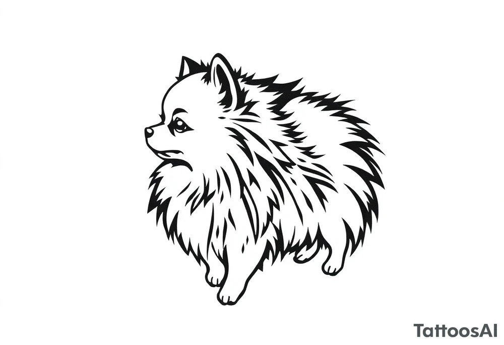 A silhouette stencil style drawing of a cute female Pomeranian tattoo idea