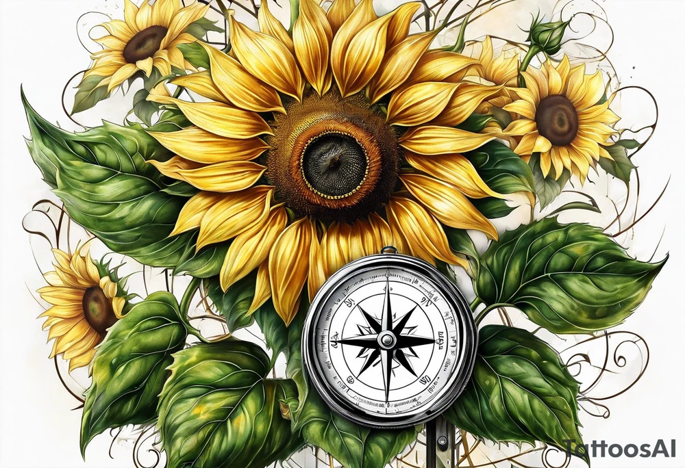 Sunflower next to a compass tattoo idea