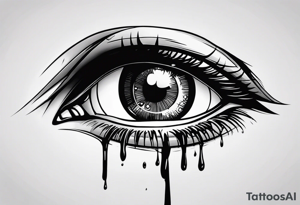 A realistic human eye crying tears of blood with a reflection of two black shadows or people holding guns at two wounded people on the floor tattoo idea