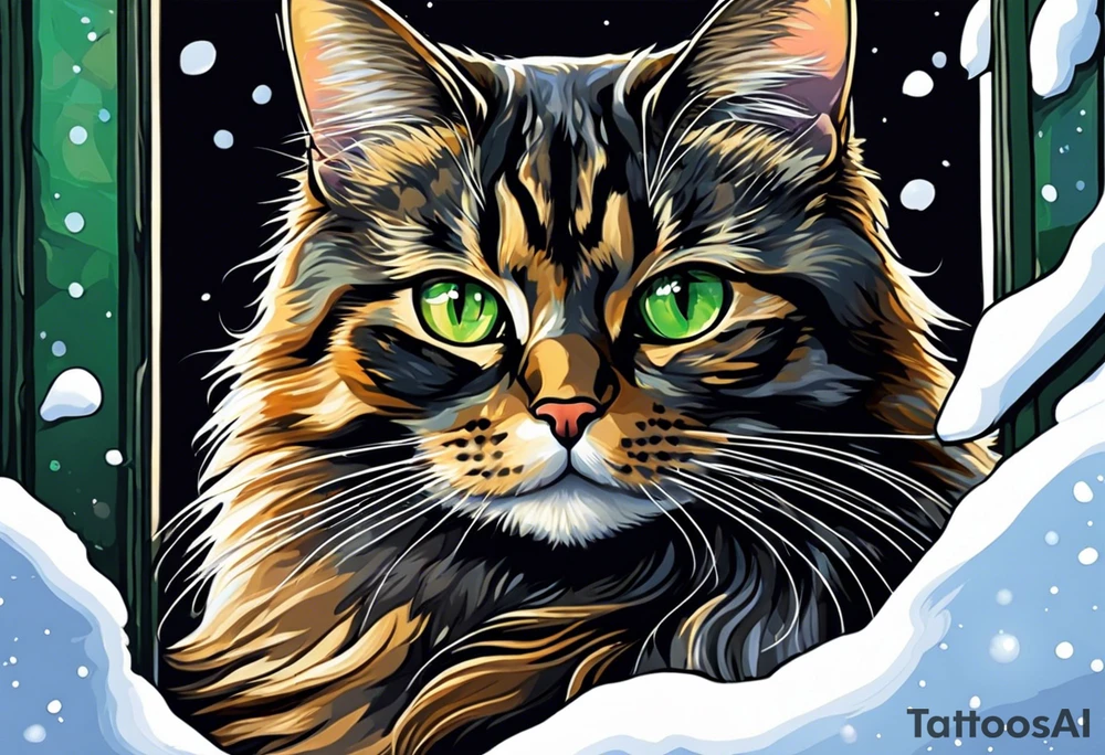 a tortishell cat with colors black, tan,and grey. Green eyes. the cat is laying in a window with snow in the background. the cat has wings and a halo tattoo idea