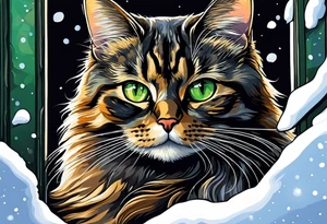 a tortishell cat with colors black, tan,and grey. Green eyes. the cat is laying in a window with snow in the background. the cat has wings and a halo tattoo idea