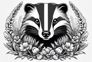 A trippy black and white tattoo of a badger, flowers, a field of wheat, forest and fractals tattoo idea
