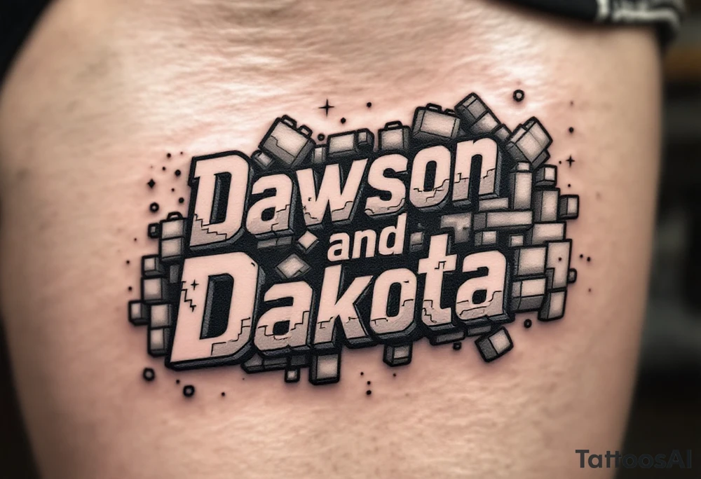 Dawson and Dakota spelled with building blocks with backgrounds tattoo idea