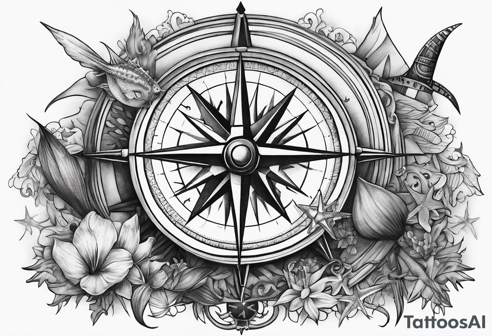 Pirate compass covered in starfish and marlin tattoo idea