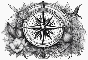 Pirate compass covered in starfish and marlin tattoo idea