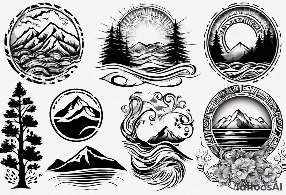 sleeve, mountains, waves, sun, trees tattoo idea