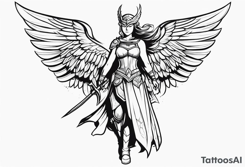 The full body of a Valkyrie with wings tattoo idea