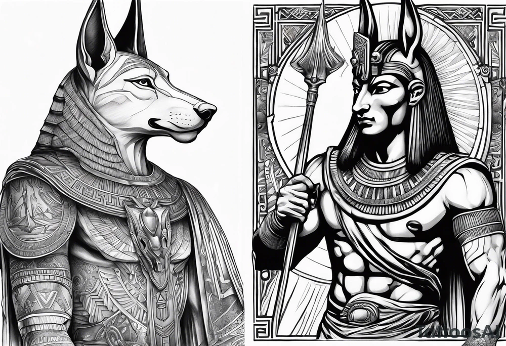 mix sleeve design of egyptian and greek mythology featuring anubis and poseidon tattoo idea