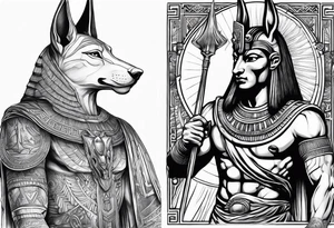 mix sleeve design of egyptian and greek mythology featuring anubis and poseidon tattoo idea