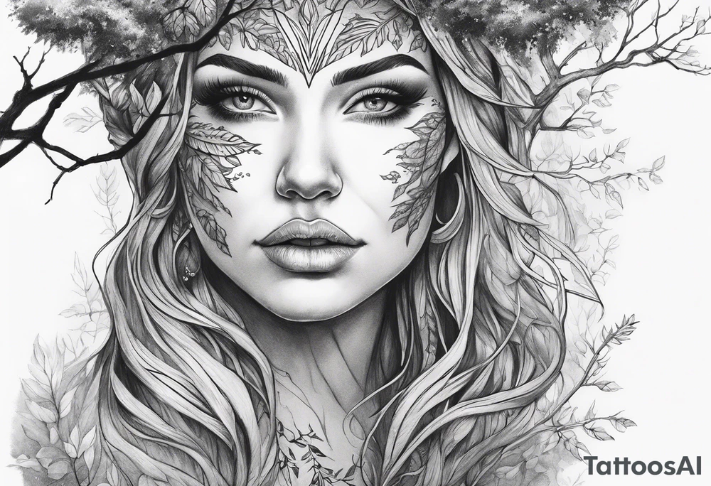 Forest goddess looking down tree branches forming into her face tattoo idea